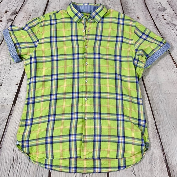 Hammer Made Green Check Cotton Button Flip Short Sleeve Casual Shirt, Large - Picture 1 of 13